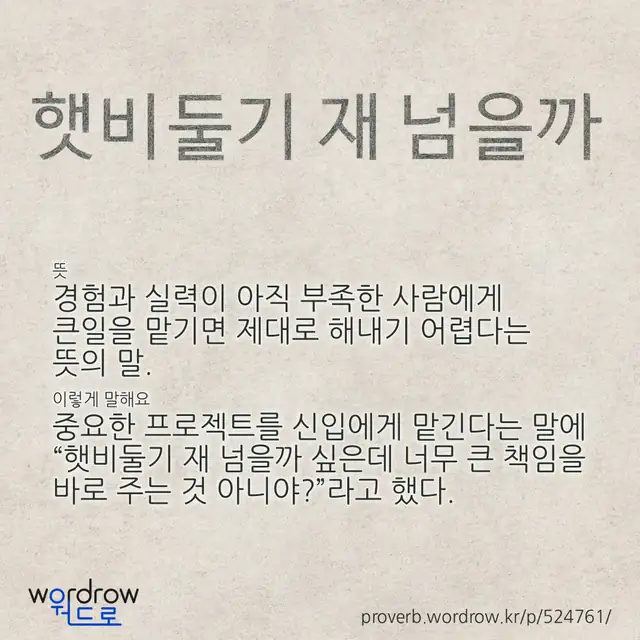 “햇비둘기 재 넘을까” 글씨와 뜻·예문이 완성된 속담 영상 포스터