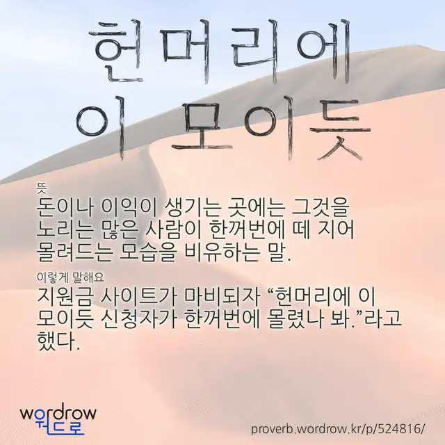 “헌머리에 이 모이듯” 글씨와 뜻·예문이 완성된 속담 영상 포스터