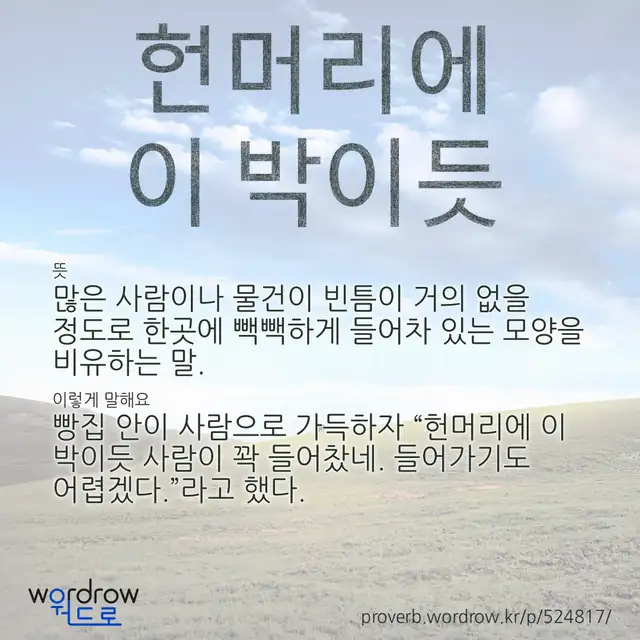 “헌머리에 이 박이듯” 글씨와 뜻·예문이 완성된 속담 영상 포스터