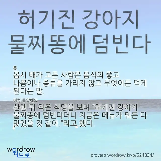 “허기진 강아지 물찌똥에 덤빈다” 글씨와 뜻·예문이 완성된 속담 영상 포스터