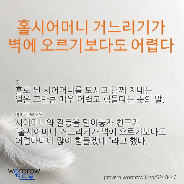 “홀시어머니 거느리기가 벽에 오르기보다도 어렵다” 글씨와 뜻·예문이 완성된 속담 영상 포스터
