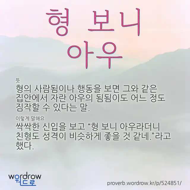 “형 보니 아우” 글씨와 뜻·예문이 완성된 속담 영상 포스터
