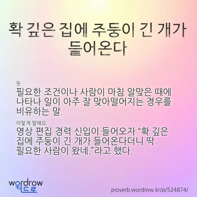 “확 깊은 집에 주둥이 긴 개가 들어온다” 글씨와 뜻·예문이 완성된 속담 영상 포스터