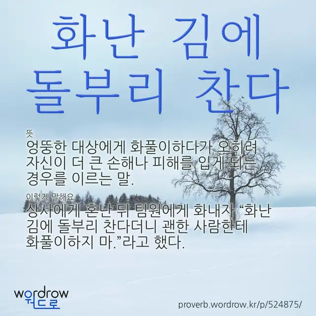 “화난 김에 돌부리 찬다” 글씨와 뜻·예문이 완성된 속담 영상 포스터