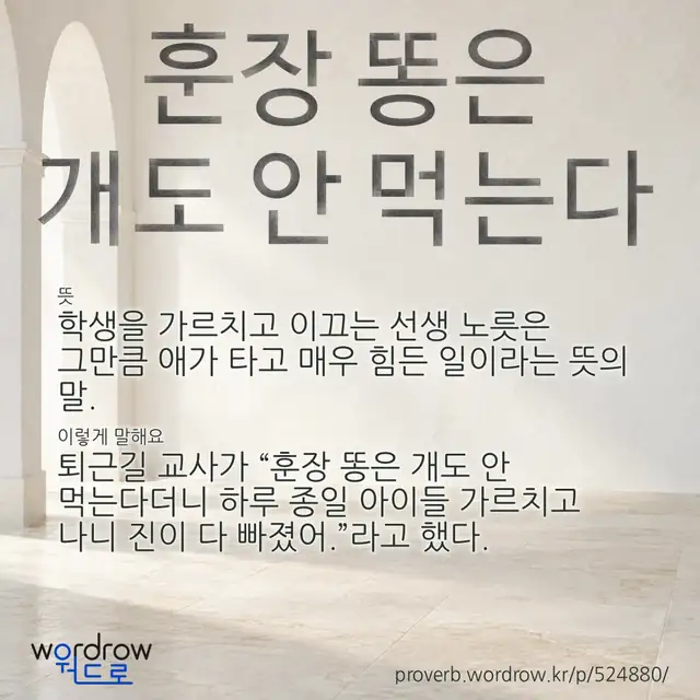 “훈장 똥은 개도 안 먹는다” 글씨와 뜻·예문이 완성된 속담 영상 포스터