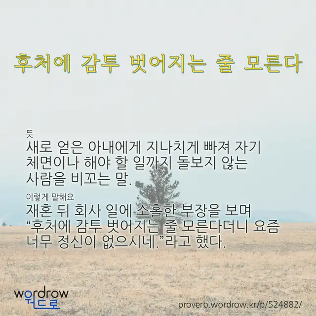 “후처에 감투 벗어지는 줄 모른다” 글씨와 뜻·예문이 완성된 속담 영상 포스터
