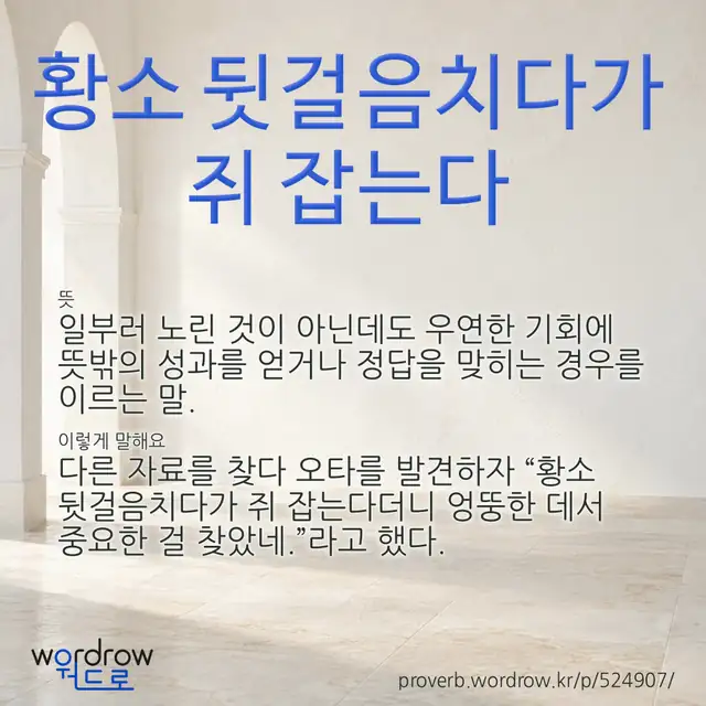 “황소 뒷걸음치다가 쥐 잡는다” 글씨와 뜻·예문이 완성된 속담 영상 포스터