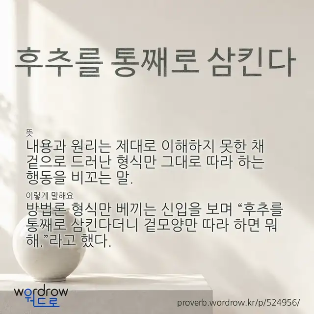 “후추를 통째로 삼킨다” 글씨와 뜻·예문이 완성된 속담 영상 포스터
