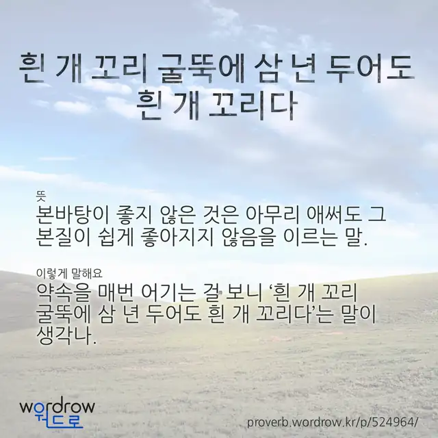 “흰 개 꼬리 굴뚝에 삼 년 두어도 흰 개 꼬리다” 글씨와 뜻·예문이 완성된 속담 영상 포스터