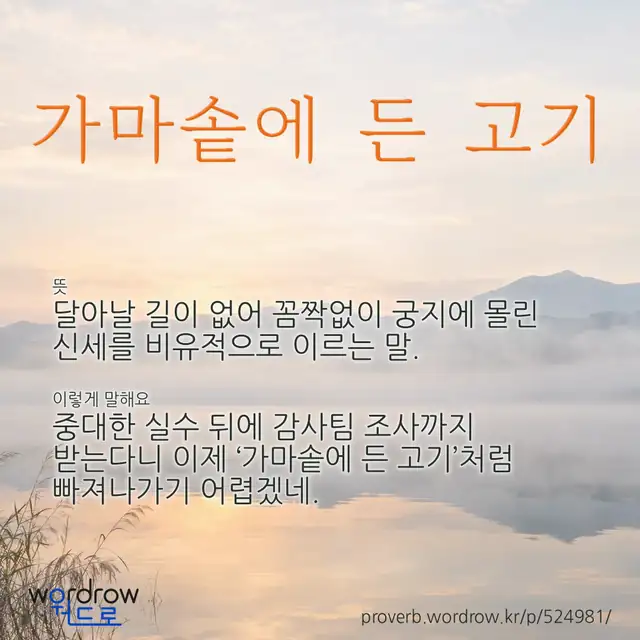 “가마솥에 든 고기” 글씨와 뜻·예문이 완성된 속담 영상 포스터