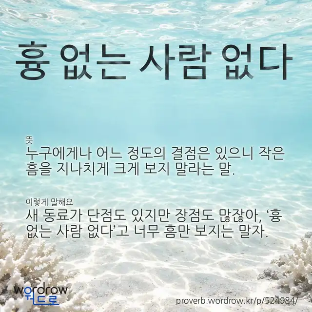 “흉 없는 사람 없다” 글씨와 뜻·예문이 완성된 속담 영상 포스터