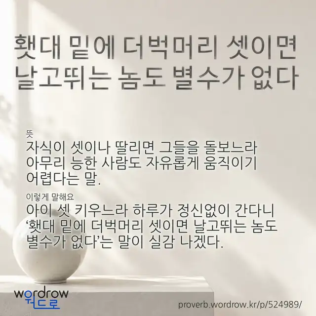 “횃대 밑에 더벅머리 셋이면 날고뛰는 놈도 별수가 없다” 글씨와 뜻·예문이 완성된 속담 영상 포스터