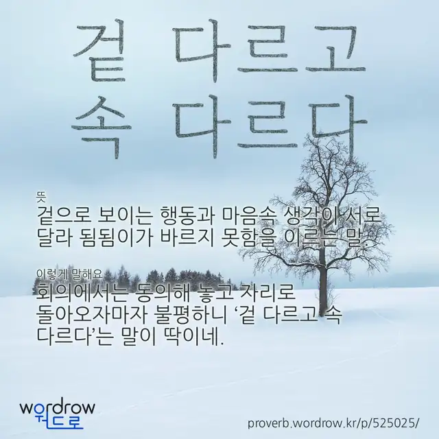 “겉 다르고 속 다르다” 글씨와 뜻·예문이 완성된 속담 영상 포스터