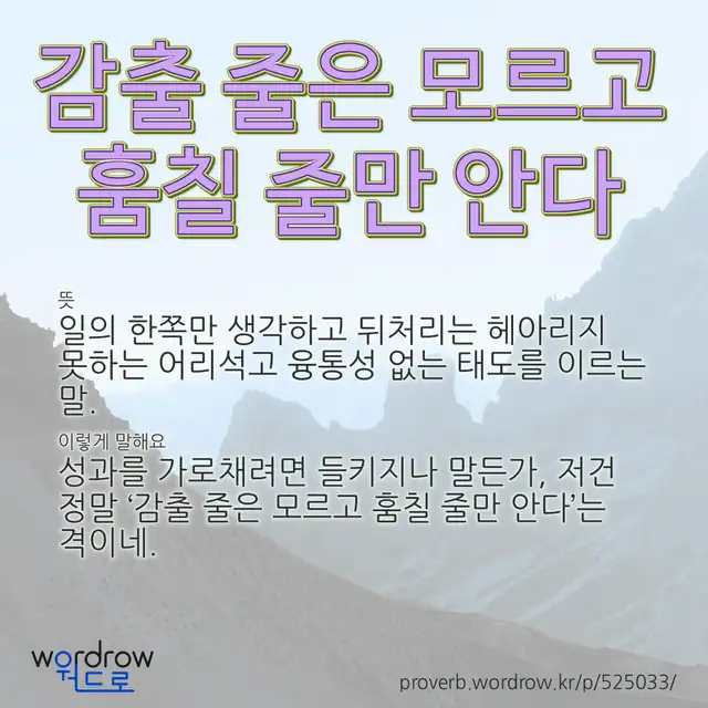 “감출 줄은 모르고 훔칠 줄만 안다” 글씨와 뜻·예문이 완성된 속담 영상 포스터