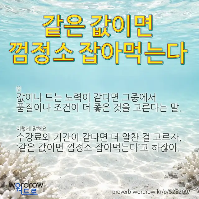 “같은 값이면 껌정소 잡아먹는다” 글씨와 뜻·예문이 완성된 속담 영상 포스터