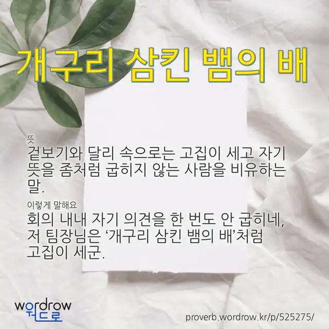 “개구리 삼킨 뱀의 배” 글씨와 뜻·예문이 완성된 속담 영상 포스터