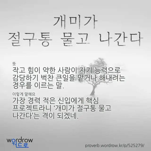 “개미가 절구통 물고 나간다” 글씨와 뜻·예문이 완성된 속담 영상 포스터