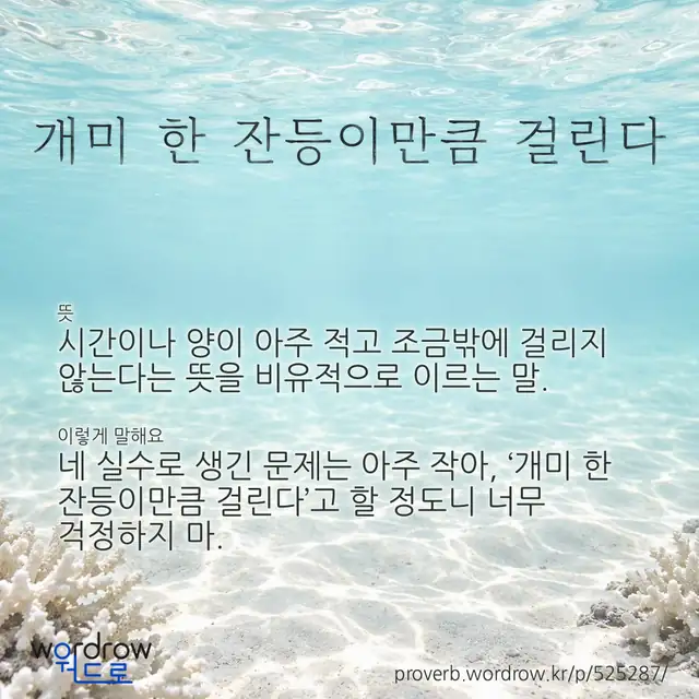 “개미 한 잔등이만큼 걸린다” 글씨와 뜻·예문이 완성된 속담 영상 포스터