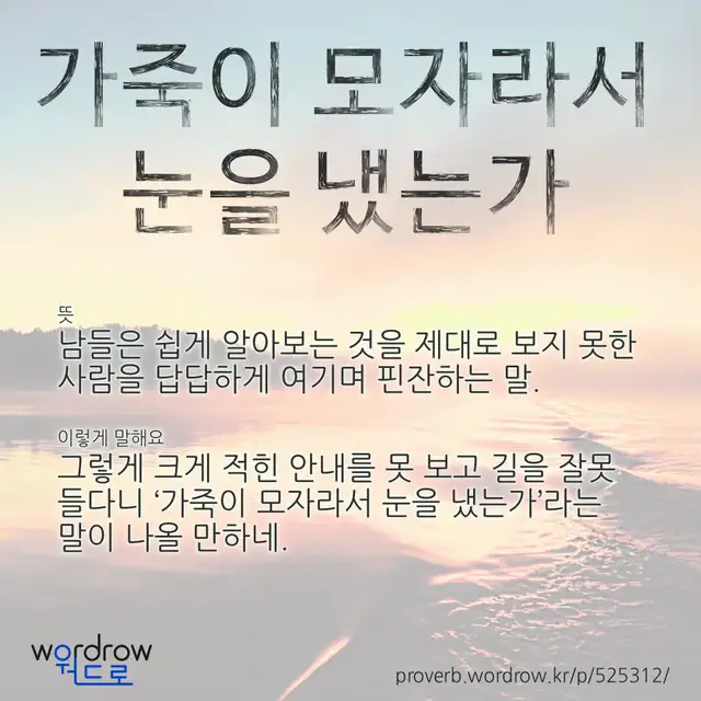 “가죽이 모자라서 눈을 냈는가” 글씨와 뜻·예문이 완성된 속담 영상 포스터