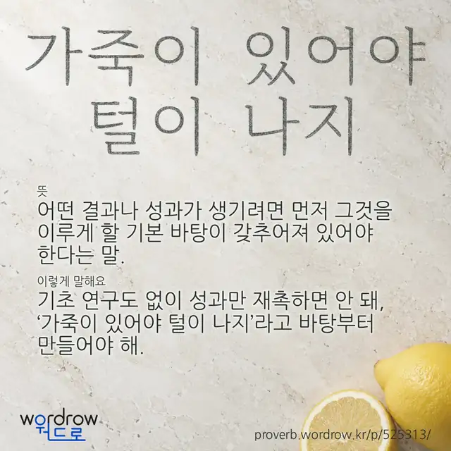 “가죽이 있어야 털이 나지” 글씨와 뜻·예문이 완성된 속담 영상 포스터