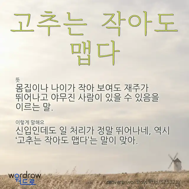 “고추는 작아도 맵다” 글씨와 뜻·예문이 완성된 속담 영상 포스터