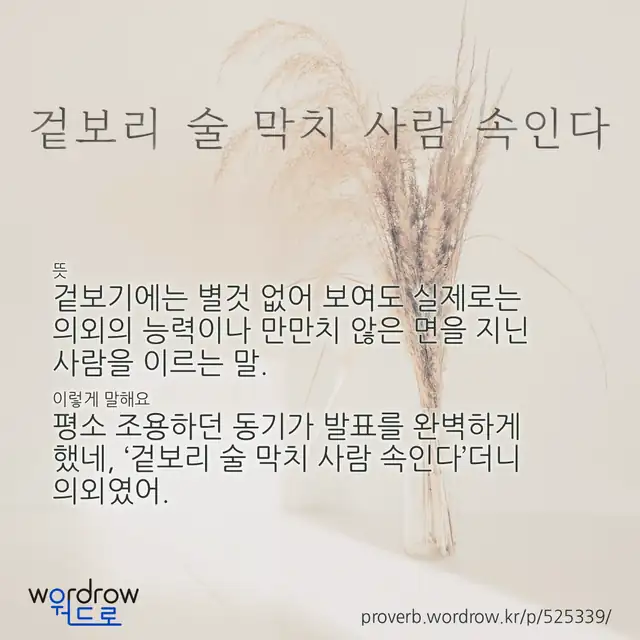 “겉보리 술 막치 사람 속인다” 글씨와 뜻·예문이 완성된 속담 영상 포스터