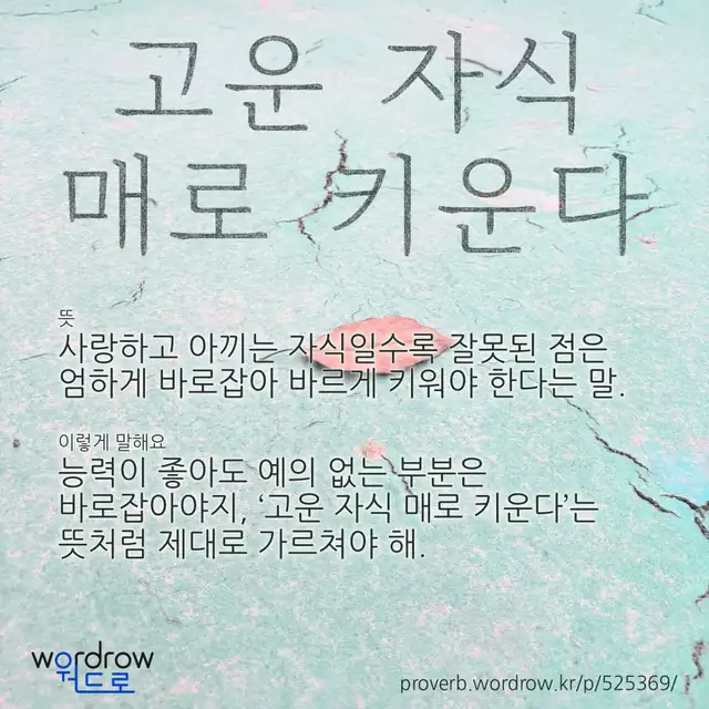 “고운 자식 매로 키운다” 글씨와 뜻·예문이 완성된 속담 영상 포스터