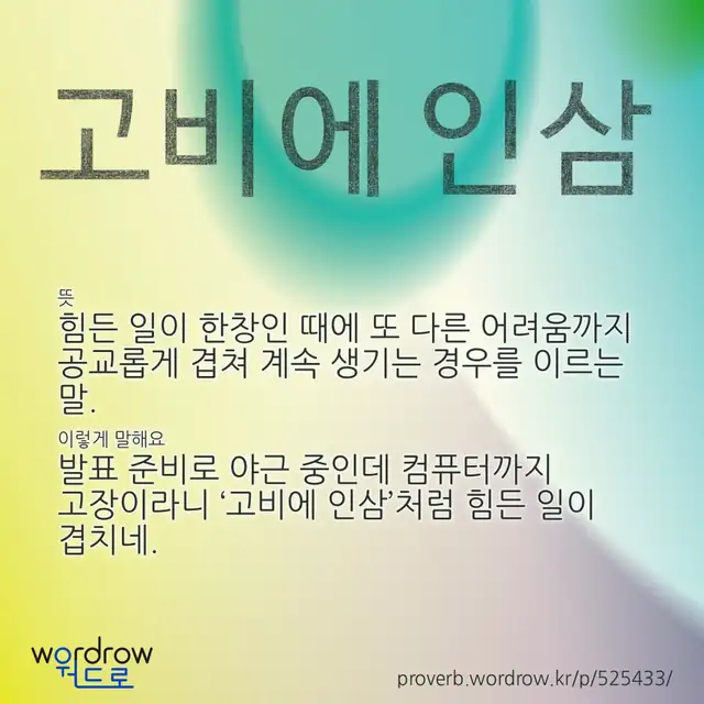 “고비에 인삼” 글씨와 뜻·예문이 완성된 속담 영상 포스터