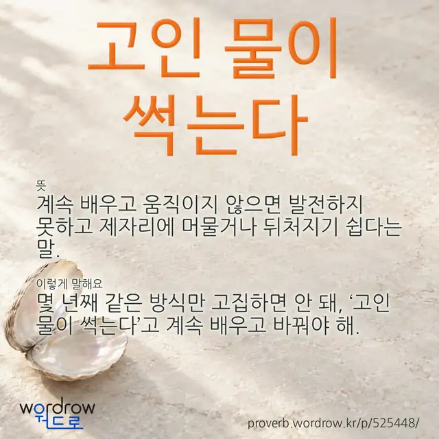 “고인 물이 썩는다” 글씨와 뜻·예문이 완성된 속담 영상 포스터