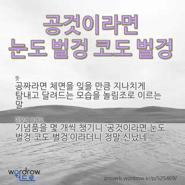 “공것이라면 눈도 벌겅 코도 벌겅” 글씨와 뜻·예문이 완성된 속담 영상 포스터