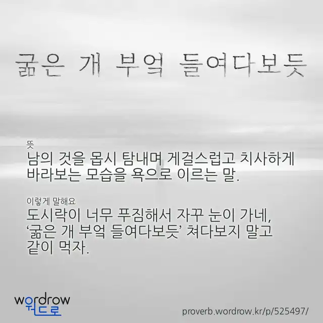 “굶은 개 부엌 들여다보듯” 글씨와 뜻·예문이 완성된 속담 영상 포스터