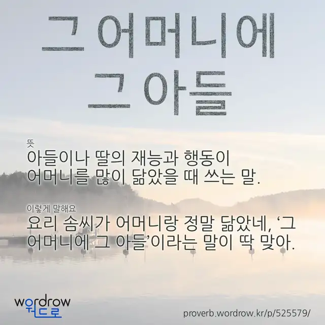 “그 어머니에 그 아들” 글씨와 뜻·예문이 완성된 속담 영상 포스터
