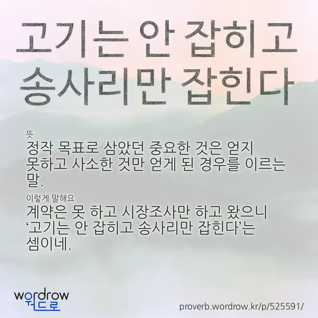 “고기는 안 잡히고 송사리만 잡힌다” 글씨와 뜻·예문이 완성된 속담 영상 포스터