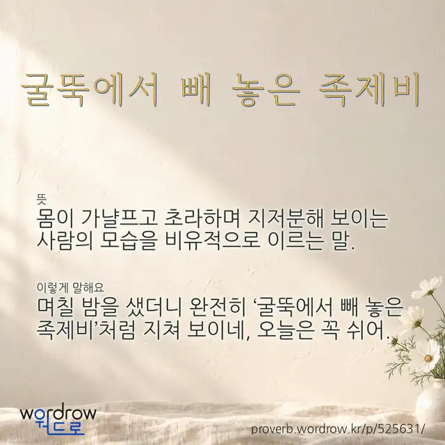 “굴뚝에서 빼 놓은 족제비” 글씨와 뜻·예문이 완성된 속담 영상 포스터