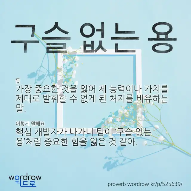 “구슬 없는 용” 글씨와 뜻·예문이 완성된 속담 영상 포스터