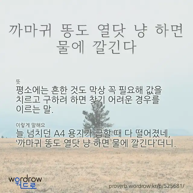 “까마귀 똥도 열닷 냥 하면 물에 깔긴다” 글씨와 뜻·예문이 완성된 속담 영상 포스터