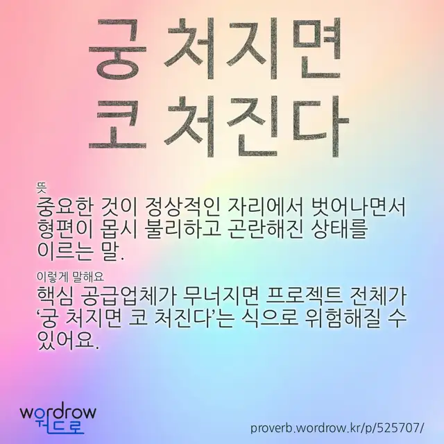 “궁 처지면 코 처진다” 글씨와 뜻·예문이 완성된 속담 영상 포스터
