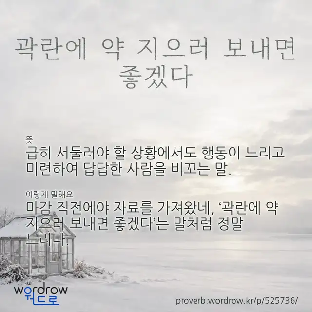 “곽란에 약 지으러 보내면 좋겠다” 글씨와 뜻·예문이 완성된 속담 영상 포스터