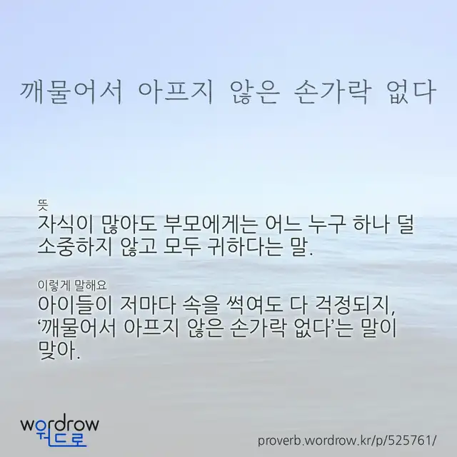 “깨물어서 아프지 않은 손가락 없다” 글씨와 뜻·예문이 완성된 속담 영상 포스터