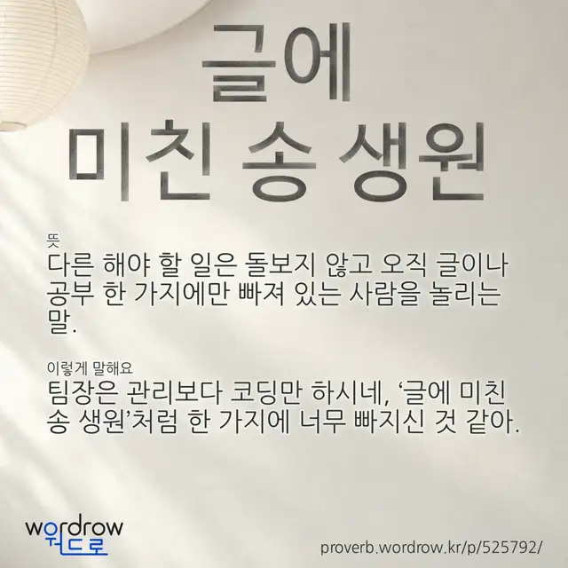 “글에 미친 송 생원” 글씨와 뜻·예문이 완성된 속담 영상 포스터