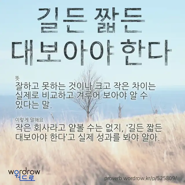 “길든 짧든 대보아야 한다” 글씨와 뜻·예문이 완성된 속담 영상 포스터