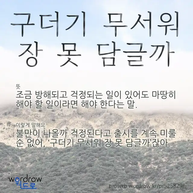 “구더기 무서워 장 못 담글까” 글씨와 뜻·예문이 완성된 속담 영상 포스터
