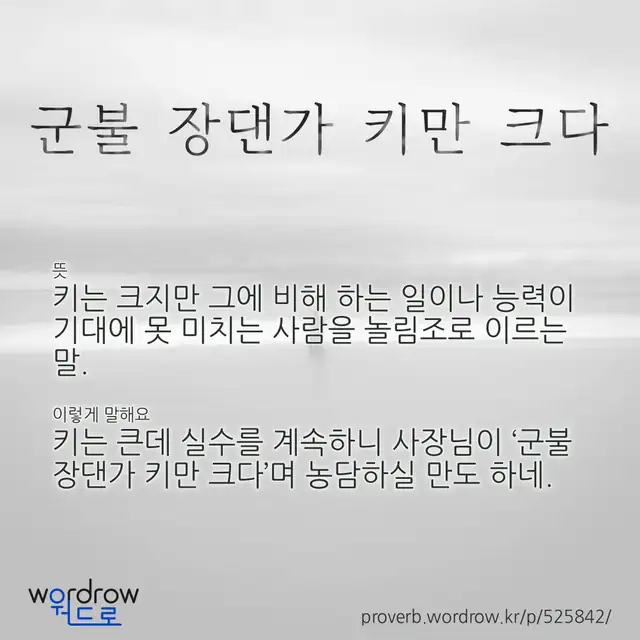 “군불 장댄가 키만 크다” 글씨와 뜻·예문이 완성된 속담 영상 포스터