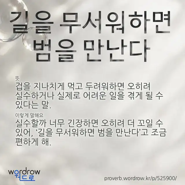 “길을 무서워하면 범을 만난다” 글씨와 뜻·예문이 완성된 속담 영상 포스터