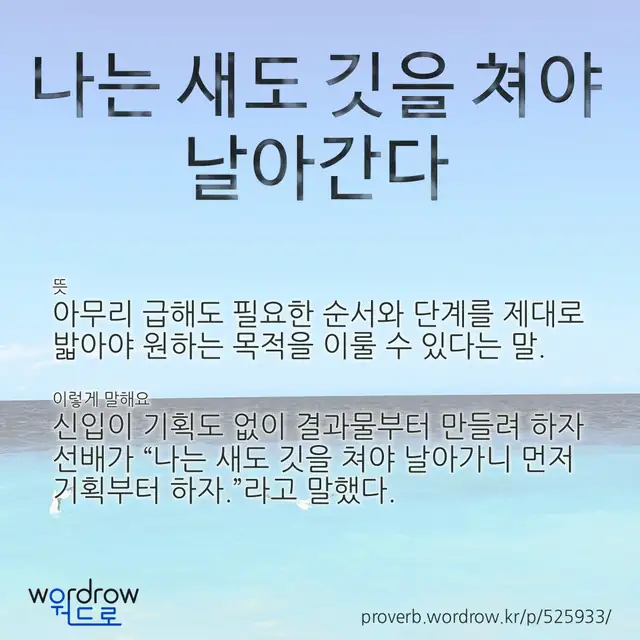 “나는 새도 깃을 쳐야 날아간다” 글씨와 뜻·예문이 완성된 속담 영상 포스터