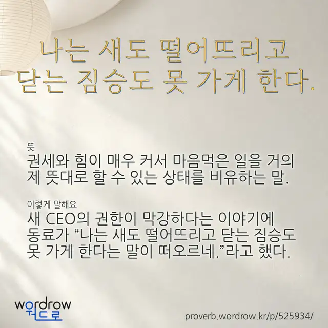 “나는 새도 떨어뜨리고 닫는 짐승도 못 가게 한다.” 글씨와 뜻·예문이 완성된 속담 영상 포스터
