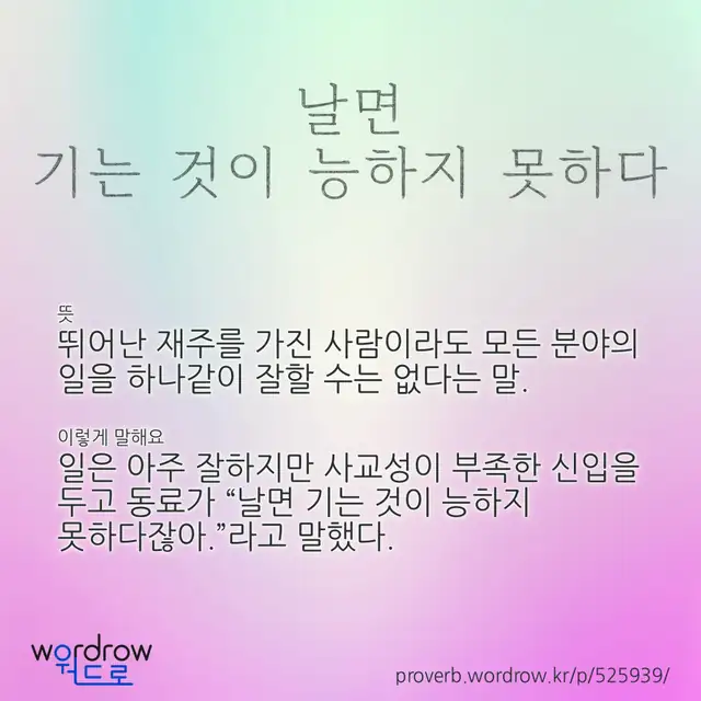 “날면 기는 것이 능하지 못하다” 글씨와 뜻·예문이 완성된 속담 영상 포스터