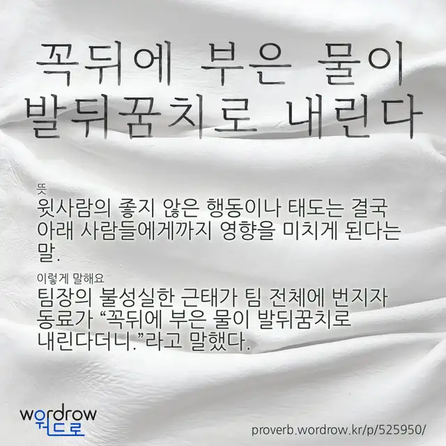 “꼭뒤에 부은 물이 발뒤꿈치로 내린다” 글씨와 뜻·예문이 완성된 속담 영상 포스터