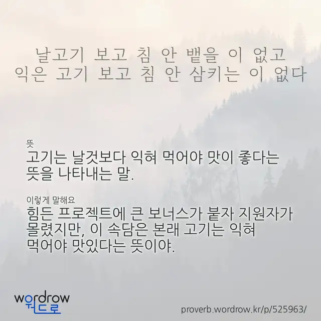 “날고기 보고 침 안 뱉을 이 없고 익은 고기 보고 침 안 삼키는 이 없다” 글씨와 뜻·예문이 완성된 속담 영상 포스터