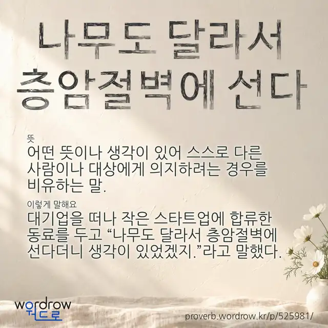 “나무도 달라서 층암절벽에 선다” 글씨와 뜻·예문이 완성된 속담 영상 포스터